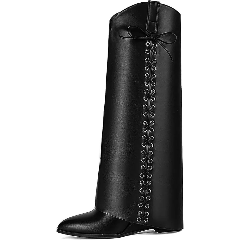 Women Faux Leather Black-11 Pull-on Wedge Heel Knee Shark Padlock Design Boot